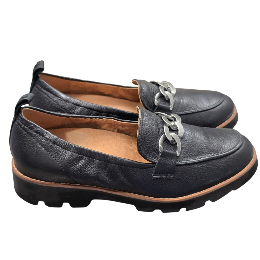 Vionic Cynthia Black Leather Chain Loafers‎ Quiet Luxury Old Money Chic Sz 8.5